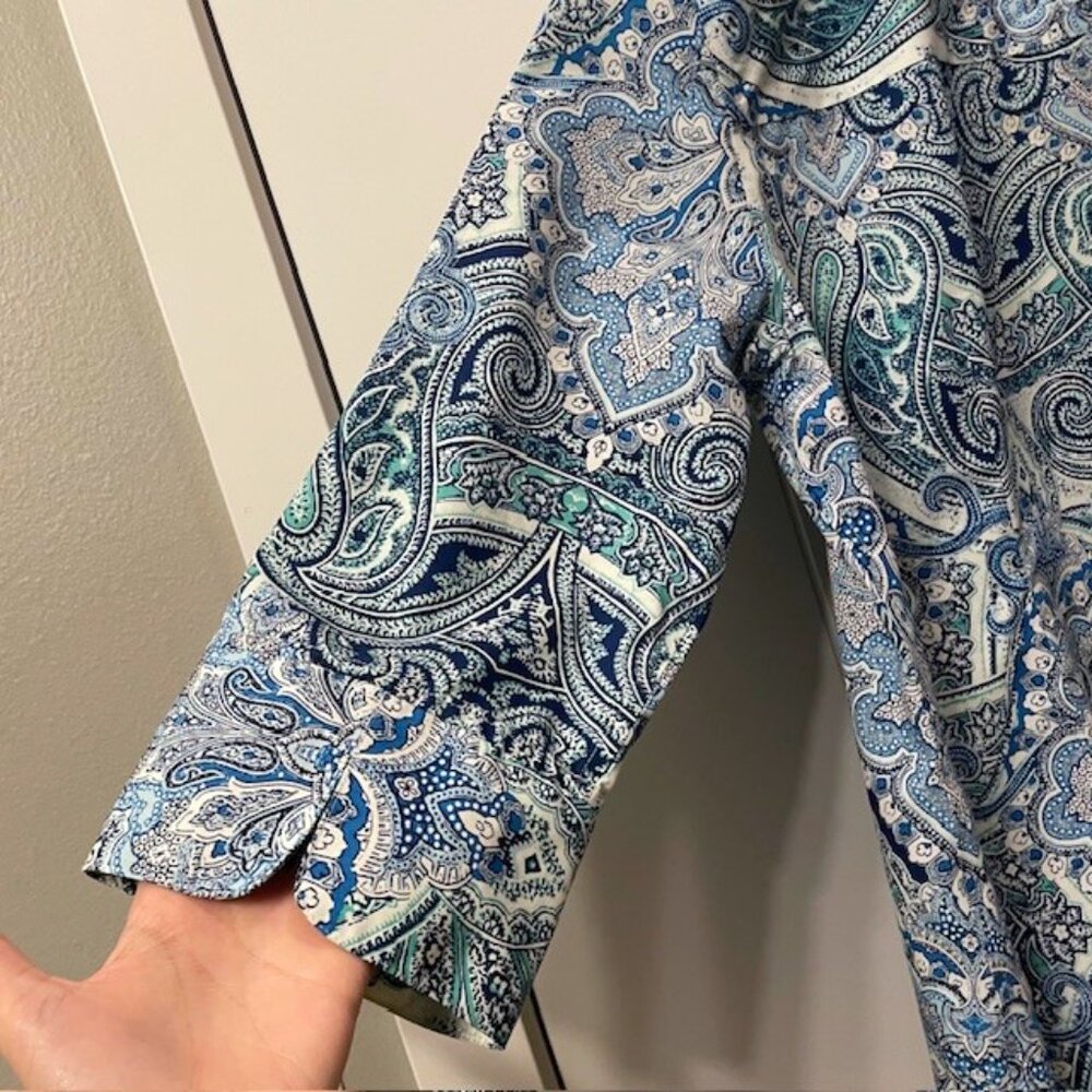 Chico's Gabrielle Paisley No-Iron Button Down Cotton Shirt Blue Green Medium - Picture 11 of 16